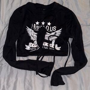 Black Long Sleeve Crop Top with Graphic Design